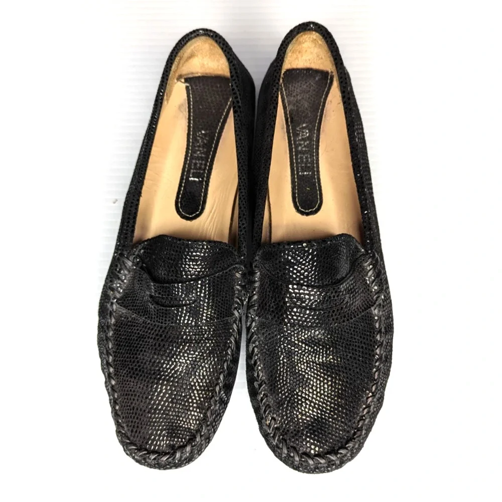 Vaneli Womens Black Glossy Embossed Faux Snakeskin Suede Slip On Penny Loafers 8